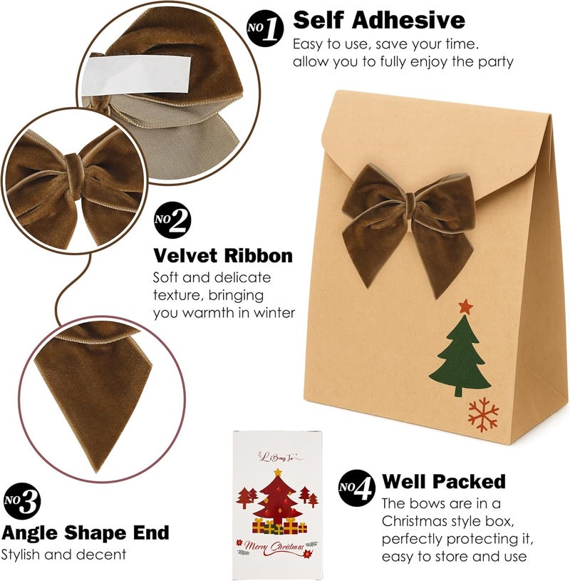LiBongTa 3.5" Brown Bows Small Velvet Ribbon Bow For Decoration, Self Adhesive Gift Bows, Rustic Bows For Christmas Tree, Treat Bags, Candy Pop, Basket, Party Favor, Craft Bow For Gift Wrapping-24 PCs - Image 3